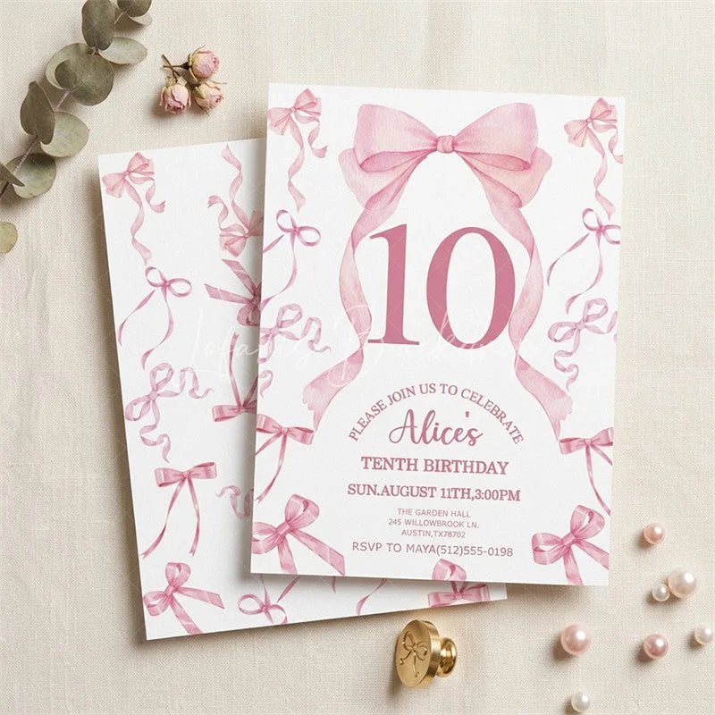 Lofaris Custom Pink Watercolor Set of 20 Bow 10th Birthday Invitation Elegant Ribbon Party Celebration Card for Girls