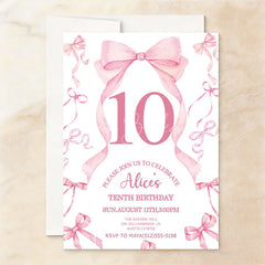Lofaris Custom Pink Watercolor Set of 20 Bow 10th Birthday Invitation Elegant Ribbon Party Celebration Card for Girls