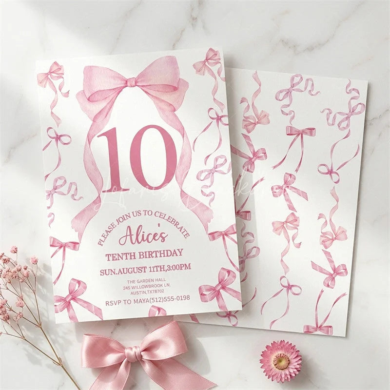 Lofaris Custom Pink Watercolor Set of 20 Bow 10th Birthday Invitation Elegant Ribbon Party Celebration Card for Girls