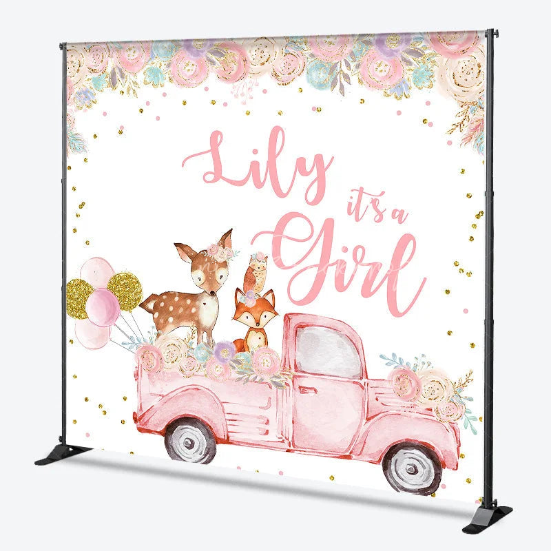 Lofaris Custom Pink Woodland Floral It’s a Girl Baby Shower Backdrop featuring vintage truck and cute animals.