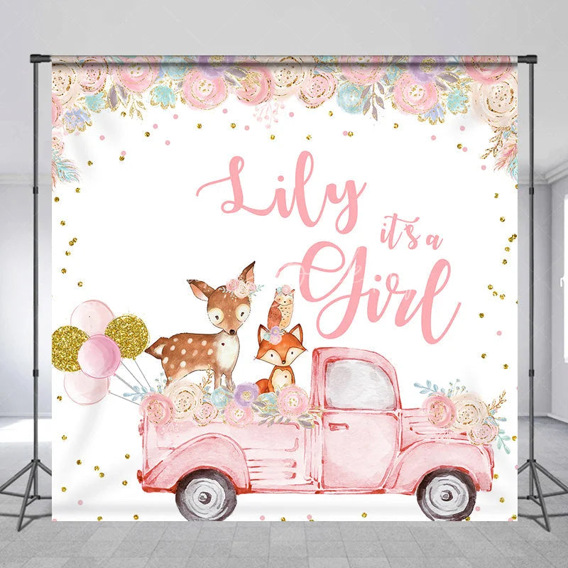 Lofaris Custom Pink Woodland Floral It’s a Girl Baby Shower Backdrop featuring vintage truck and cute animals.