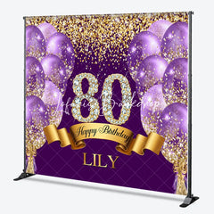 Lofaris Custom Purple and Gold Glitter Diamond 80th Happy Birthday Party Backdrop Personalized Elegant Celebration Decor