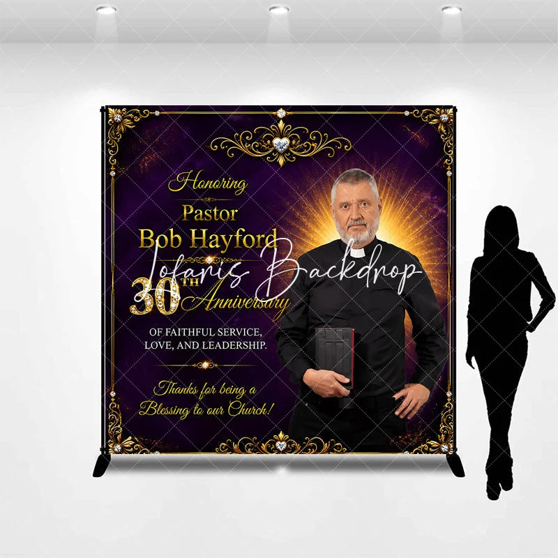 Lofaris Custom Purple and Gold Ornate Frame Pastor 30th Anniversary Backdrop Elegant Church Celebration Decor