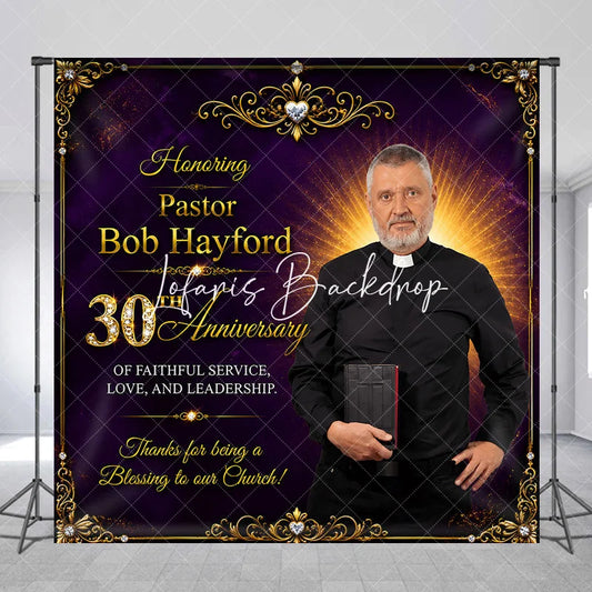 Lofaris Custom Purple and Gold Ornate Frame Pastor 30th Anniversary Backdrop Elegant Church Celebration Decor