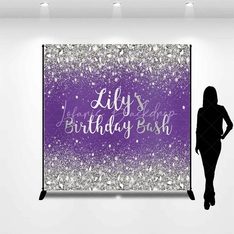 Lofaris Custom Purple and Silver Glitter Diamond Birthday Backdrop Personalized Party Decor for a Glamorous Celebration