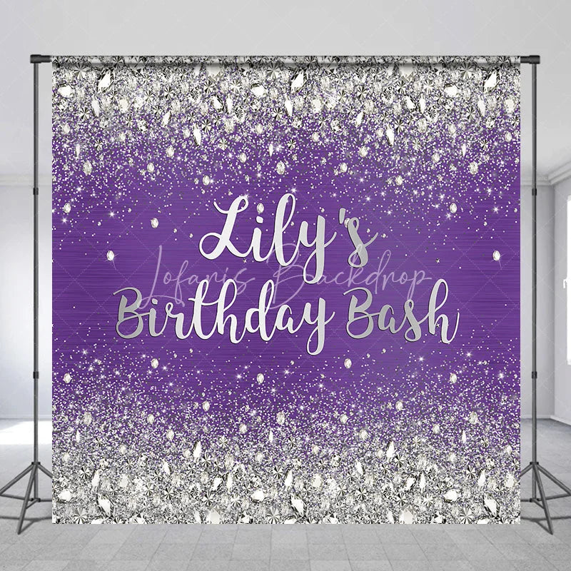 Lofaris Custom Purple and Silver Glitter Diamond Birthday Backdrop Personalized Party Decor for a Glamorous Celebration