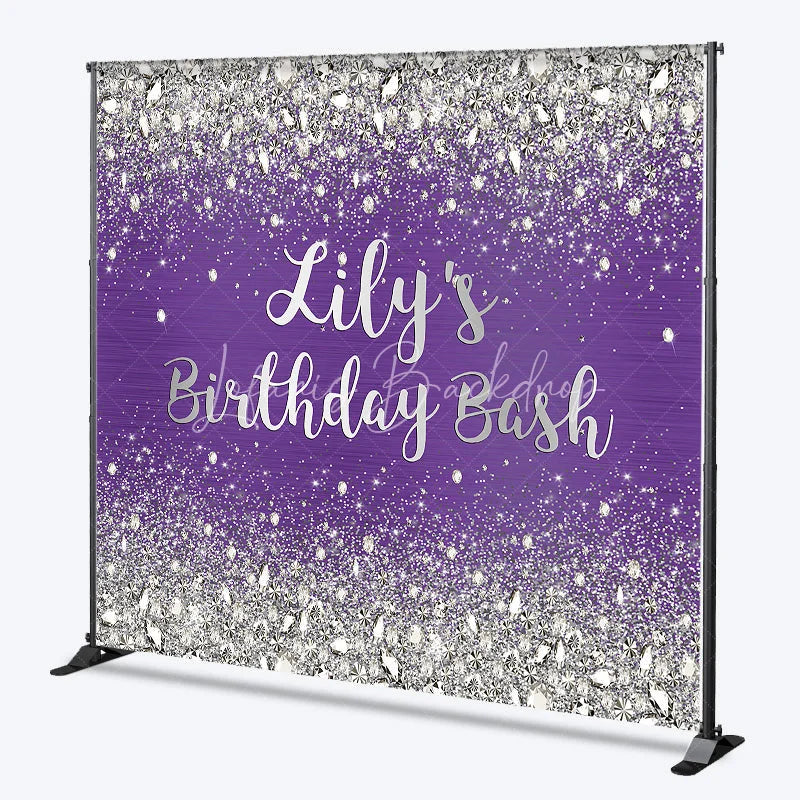 Lofaris Custom Purple and Silver Glitter Diamond Birthday Backdrop Personalized Party Decor for a Glamorous Celebration