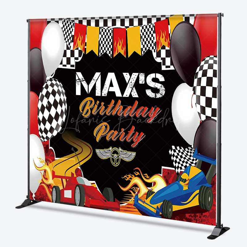 Lofaris Custom Race Car Birthday Party Backdrop Red and Blue Cars with Flames Banner Checkered Flag Finish Line Decor