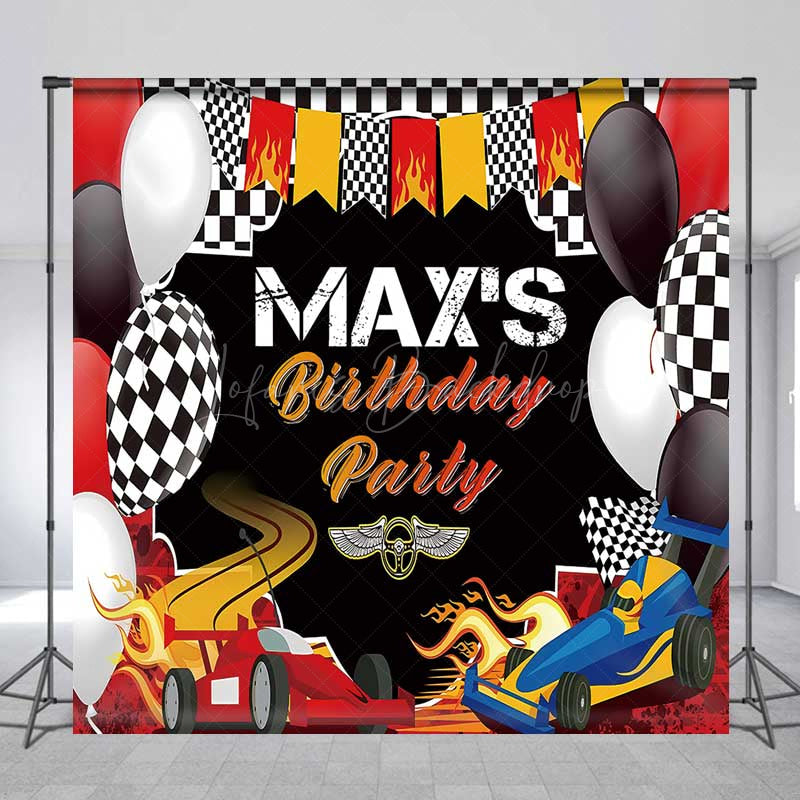 Lofaris Custom Race Car Birthday Party Backdrop Red and Blue Cars with Flames Banner Checkered Flag Finish Line Decor