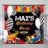 Lofaris Custom Race Car Birthday Party Backdrop Red and Blue Cars with Flames Banner Checkered Flag Finish Line Decor