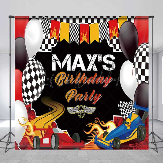 Lofaris Custom Race Car Birthday Party Backdrop Red and Blue Cars with Flames Banner Checkered Flag Finish Line Decor