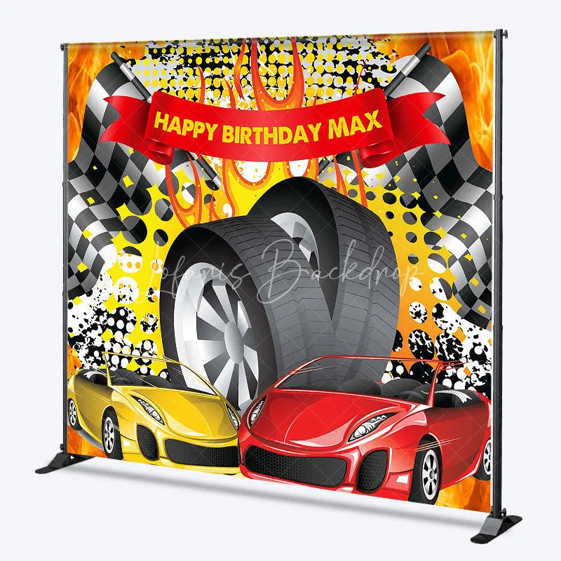 Lofaris Custom Racing Car Birthday Backdrop Speed Vehicles Checkered Flag Background Personalized Name Fast One Party Decor