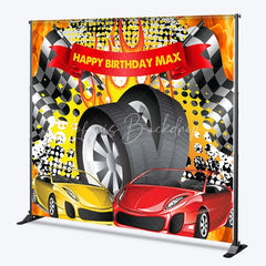 Lofaris Custom Racing Car Birthday Backdrop Speed Vehicles Checkered Flag Background Personalized Name Fast One Party Decor