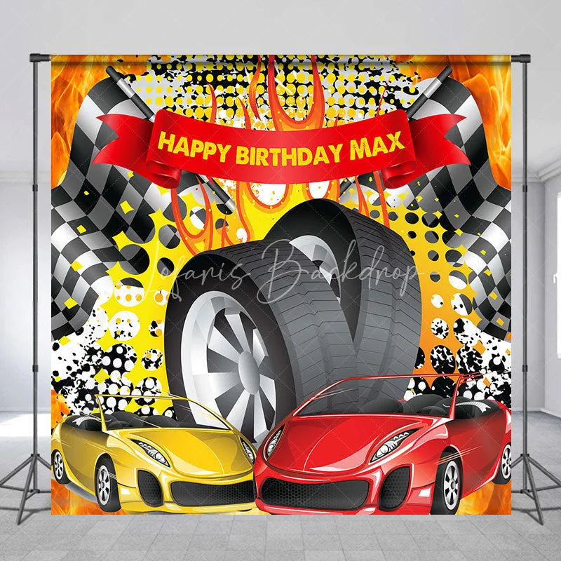 Lofaris Custom Racing Car Birthday Backdrop Speed Vehicles Checkered Flag Background Personalized Name Fast One Party Decor