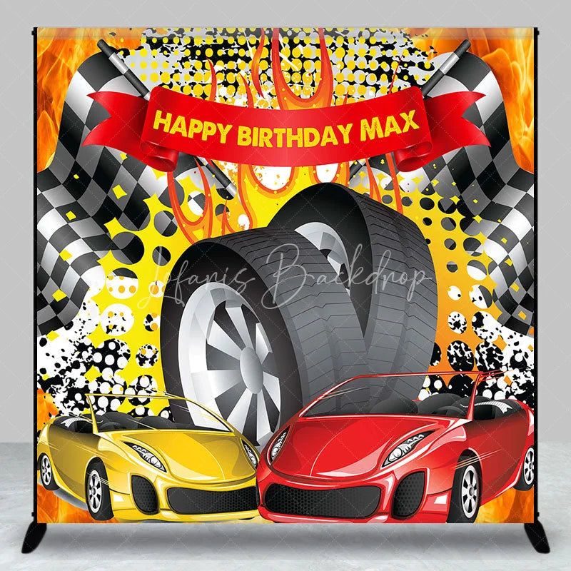 Lofaris Custom Racing Car Birthday Backdrop Speed Vehicles Checkered Flag Background Personalized Name Fast One Party Decor