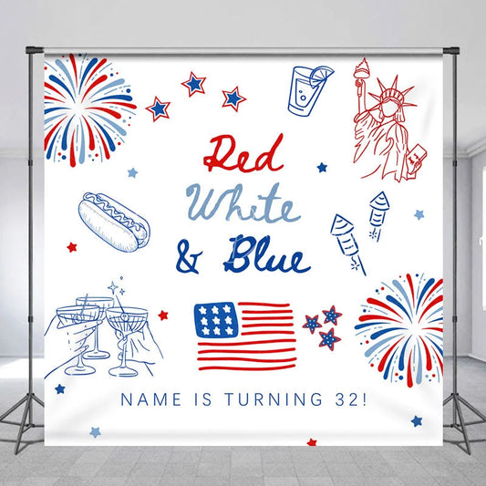 Lofaris Custom Red White and Blue Birthday Backdrop Patriotic Statue of Liberty Background Personalized Name Independence Day Decor