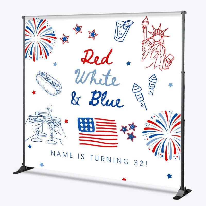 Lofaris Custom Red White and Blue Birthday Backdrop Patriotic Statue of Liberty Background Personalized Name Independence Day Decor