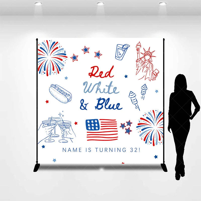 Lofaris Custom Red White and Blue Birthday Backdrop Patriotic Statue of Liberty Background Personalized Name Independence Day Decor