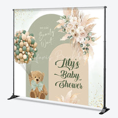 Lofaris Custom Sage Green Beige Arched Baby Shower Backdrop Teddy Bear Balloons Pampas Floral We Can Bearly Wait Design