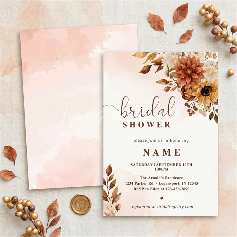 Lofaris Custom Set of 20 Autumnal Floral Bridal Shower Invitation Rust and Cream Flowers for Elegant Fall Celebration