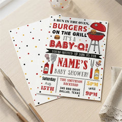 Lofaris Custom Set of 20 Baby-Q Baby Shower Invitation with a Bun in the Oven featuring BBQ Grill and Polka Dots