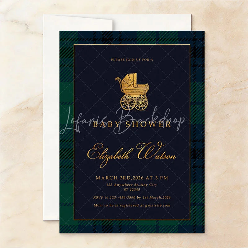 Lofaris Custom Set of 20 Baby Shower Invitation with Golden Carriage Elegant Navy Blue and Tartan Plaid Design