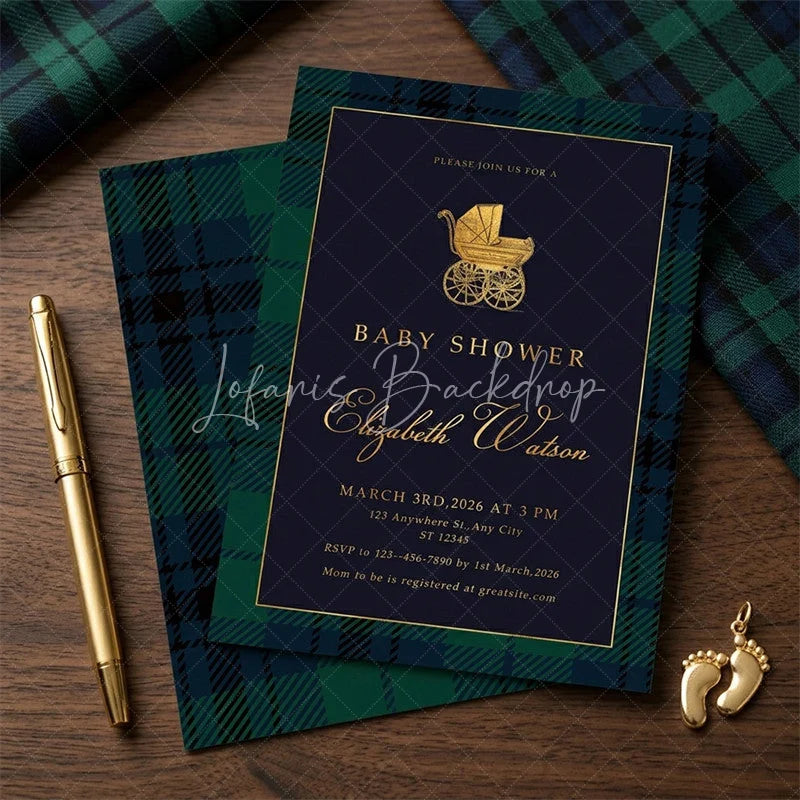 Lofaris Custom Set of 20 Baby Shower Invitation with Golden Carriage Elegant Navy Blue and Tartan Plaid Design