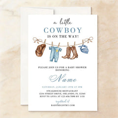 Lofaris Custom Set of 20 Blue Cowboy Baby Shower Invitation featuring Western Attire and Rustic Cow Print Design for Boys