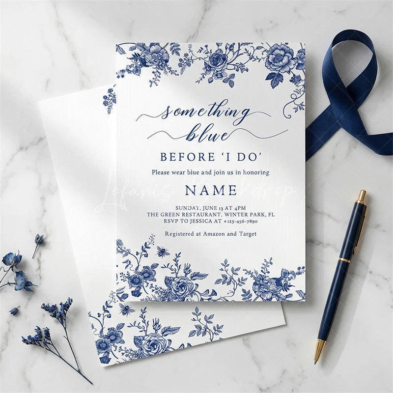 Lofaris Custom Set of 20 Blue Floral Chinoiserie Bridal Shower Invitation Personalized Something Before I Do Party