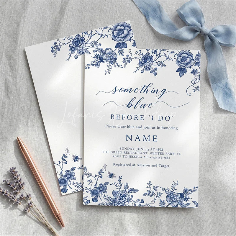 Lofaris Custom Set of 20 Blue Floral Chinoiserie Bridal Shower Invitation Personalized Something Before I Do Party
