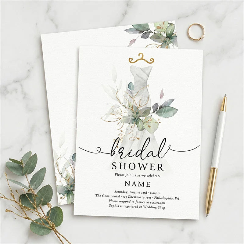 Lofaris Custom Set of 20 Bridal Shower Invitation Elegant Wedding Dress Eucalyptus Gold Design Personalized Party
