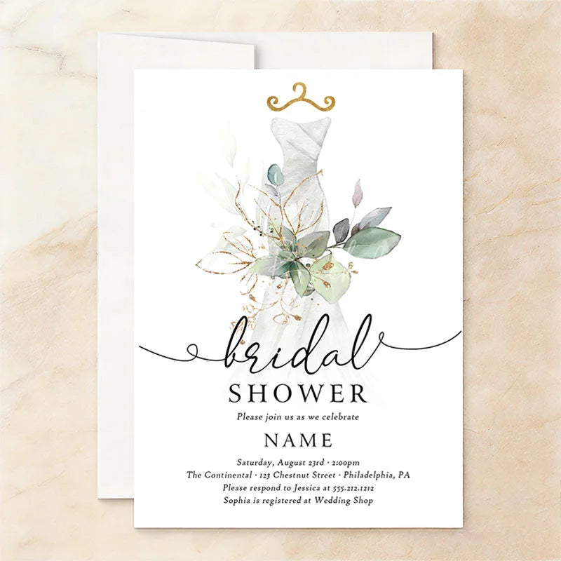 Lofaris Custom Set of 20 Bridal Shower Invitation Elegant Wedding Dress Eucalyptus Gold Design Personalized Party