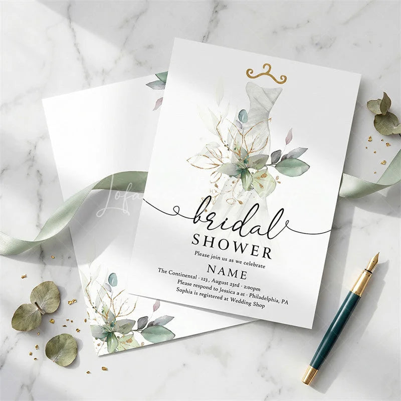Lofaris Custom Set of 20 Bridal Shower Invitation Elegant Wedding Dress Eucalyptus Gold Design Personalized Party