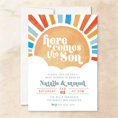 Lofaris Custom Set of 20 Here Comes the Son Sun Baby Shower Invitation Personalized with Vibrant Orange and Blue Rays