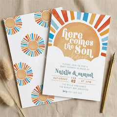 Lofaris Custom Set of 20 Here Comes the Son Sun Baby Shower Invitation Personalized with Vibrant Orange and Blue Rays