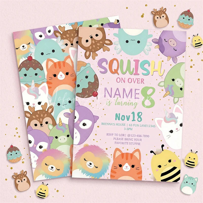 Lofaris Custom Set of 20 Pastel Cute Plush Animal Character Birthday Invitation Personalized Party with Glitter Design