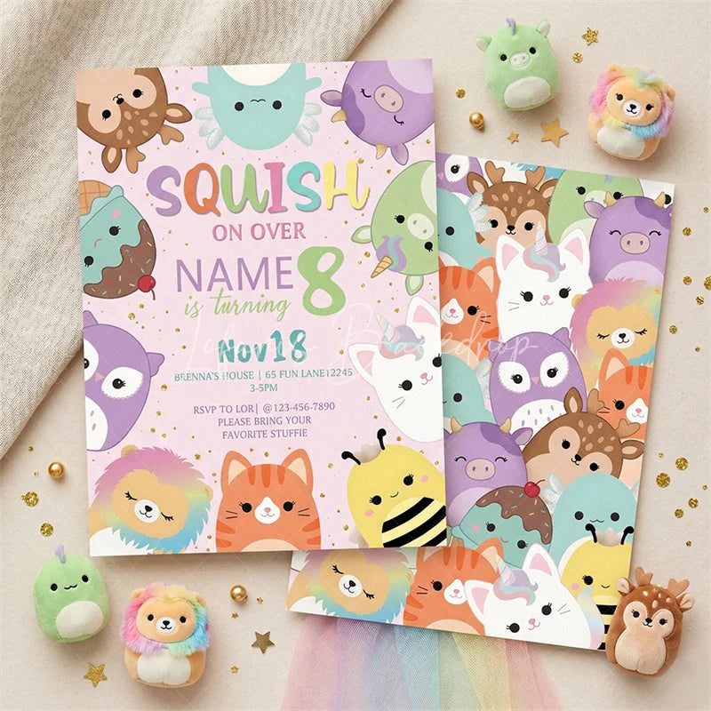 Lofaris Custom Set of 20 Pastel Cute Plush Animal Character Birthday Invitation Personalized Party with Glitter Design