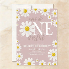 Lofaris Custom Set of 20 Pink Daisy Floral First Birthday Invitation featuring a Baby Photo and ONE derful Slogan