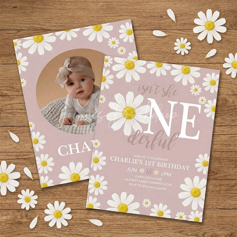 Lofaris Custom Set of 20 Pink Daisy Floral First Birthday Invitation featuring a Baby Photo and ONE derful Slogan