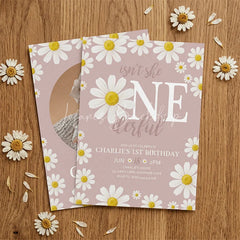 Lofaris Custom Set of 20 Pink Daisy Floral First Birthday Invitation featuring a Baby Photo and ONE derful Slogan