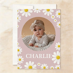 Lofaris Custom Set of 20 Pink Daisy Floral First Birthday Invitation featuring a Baby Photo and ONE derful Slogan