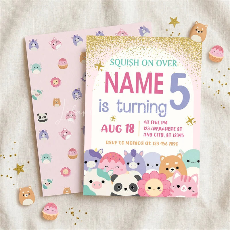 Lofaris Custom Set of 20 Pink Gold Glitter Birthday Invitation with Cute Plush Toy Characters Personalized Party Decor