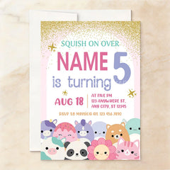 Lofaris Custom Set of 20 Pink Gold Glitter Birthday Invitation with Cute Plush Toy Characters Personalized Party Decor