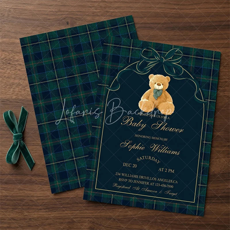 Lofaris Custom Set of 20 Plaid Teddy Bear Baby Shower Invitation Elegant Green and Blue Tartan Design for New Celebration