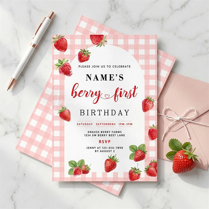 Lofaris Custom Set of 20 Strawberry Berry First Birthday Invitation Pink Gingham Picnic Party Personalized Invite for Baby Girl