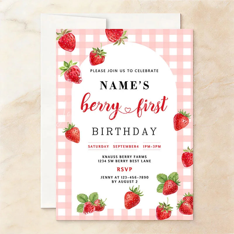 Lofaris Custom Set of 20 Strawberry Berry First Birthday Invitation Pink Gingham Picnic Party Personalized Invite for Baby Girl