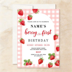 Lofaris Custom Set of 20 Strawberry Berry First Birthday Invitation Pink Gingham Picnic Party Personalized Invite for Baby Girl