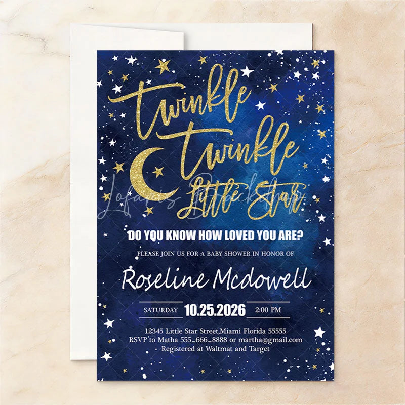 Lofaris Custom Set of 20 Twinkle Little Star Baby Shower Invitation Blue Gold Glitter Starry Night for Celebration