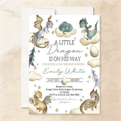 Lofaris Custom Set of 20 Whimsical Dragon Baby Shower Invitation A Little Is On His Way Theme with Clouds and Stars