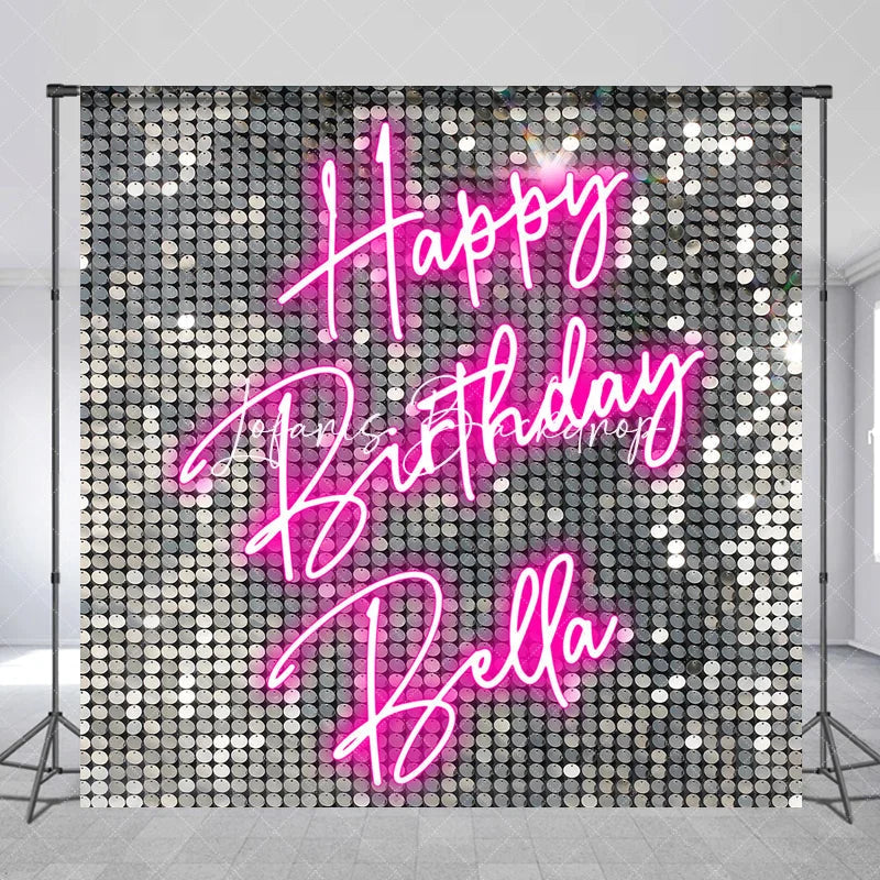Lofaris Custom Silver Sequin Shimmer Happy Birthday Neon Pink Backdrop Personalized Party Decoration
